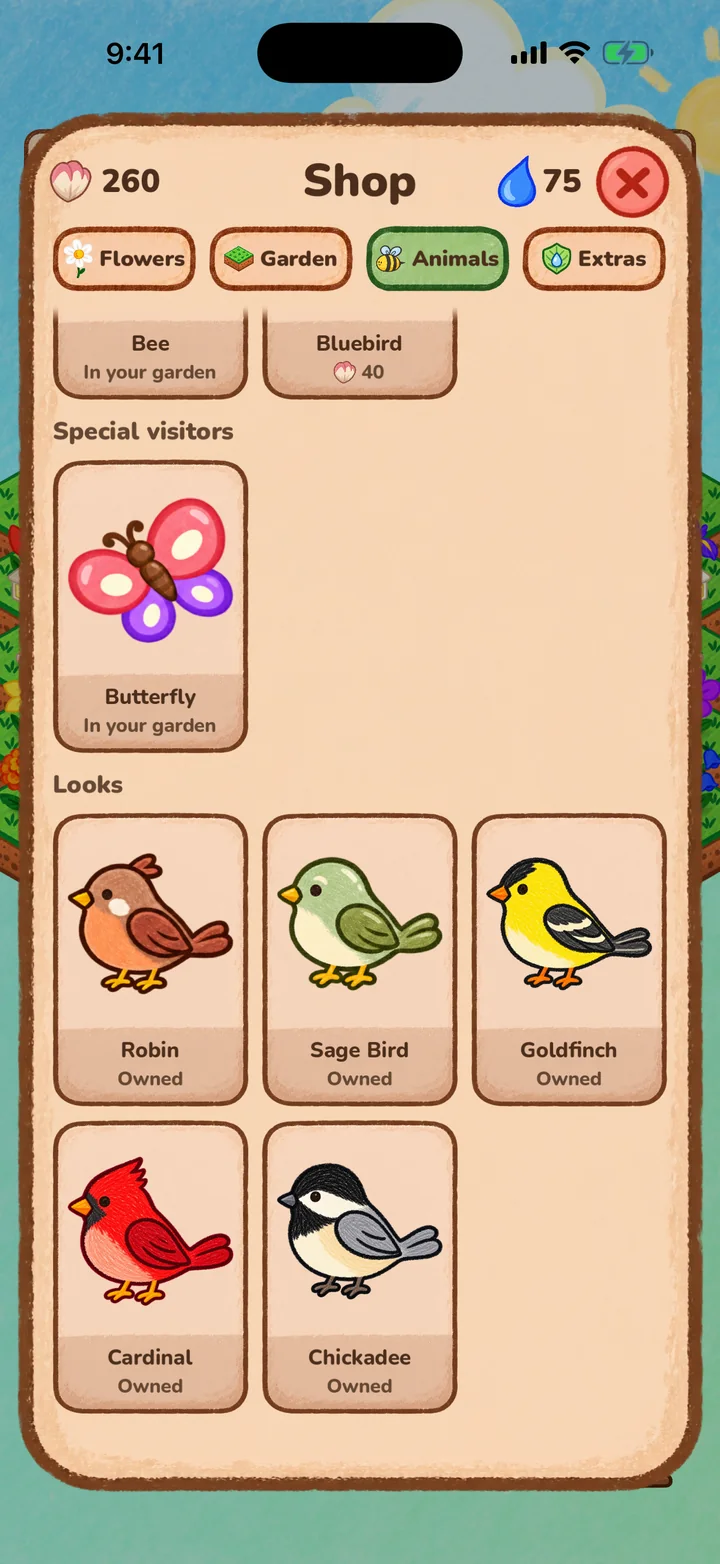 The shop's animals and bluebird looks.